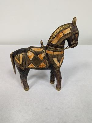Vintage Hand Carved Wood Brass & Stone Inlay Horse