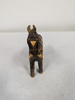 Vintage Hand Carved Wood Brass & Stone Inlay Horse