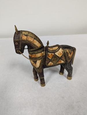 Vintage Hand Carved Wood Brass & Stone Inlay Horse
