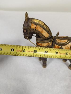 Vintage Hand Carved Wood Brass & Stone Inlay Horse