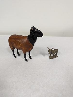 Vintage Folk Art Wood Carved Sheep With Metal & Brass Donkey