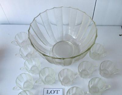 Vintage Jeanette Dewdrop Pattern Large Punch Bowl and Cup Set