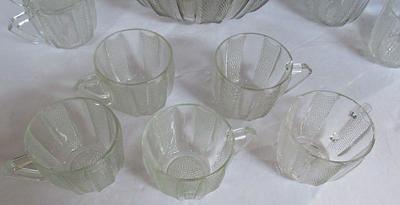 Vintage Jeanette Dewdrop Pattern Large Punch Bowl and Cup Set