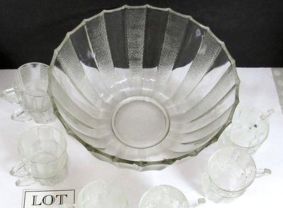 Vintage Jeanette Dewdrop Pattern Large Punch Bowl and Cup Set