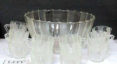 Vintage Jeanette Dewdrop Pattern Large Punch Bowl and Cup Set
