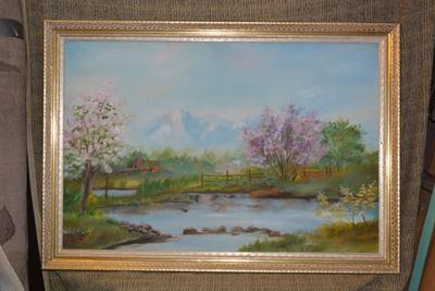 Original Acrylic Landscape on Canvas in Gold Painted Wood Frame