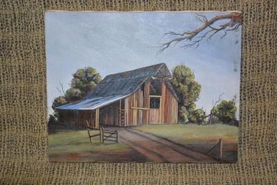 Small Original Acrylic on Canvas Barn, Signed by Artist