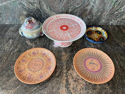 Lot of Vintage, Hand made and Painted Plates, Bowls and Cake Stand