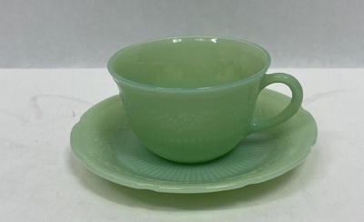 Vintage Anchor Hocking Fire King Jadeite Tea Cup & Saucer Green Glass ALICE Pattern Florals n Ridges