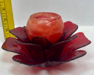 Red Glass Flower Candle Holder w/Candle