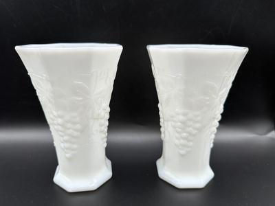 Anchor Hocking Paneled Grapevine White Milk Glass Vases