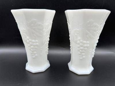 Anchor Hocking Paneled Grapevine White Milk Glass Vases