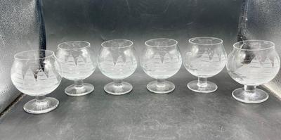 Toscany Clipper Ship Etched Frosted Brandy Snifter Glasses set of 6