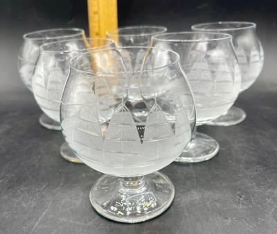 Toscany Clipper Ship Etched Frosted Brandy Snifter Glasses set of 6