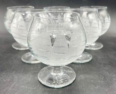 Toscany Clipper Ship Etched Frosted Brandy Snifter Glasses set of 6