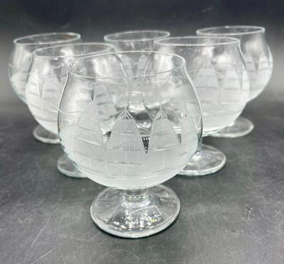 Toscany Clipper Ship Etched Frosted Brandy Snifter Glasses set of 6