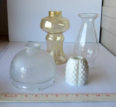 Lot of Various Glass Shades, Fenton Fairy Lamp Top (no base), Etched Globe Shade