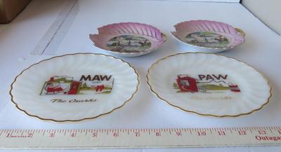 Cute Vintage Anchor Hocking Maw & Paw Ozarks Plates, Canada Lusterware Candy Dishes