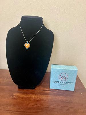 AMERICAN WEST Orange Spiny Oyster & Blue Turquoise Gemstone On Sterling Chain