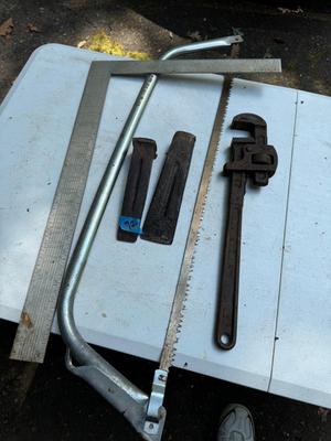 Vintage Tools, Saw, Pipe Wrench, Square #92A