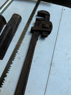Vintage Tools, Saw, Pipe Wrench, Square #92A