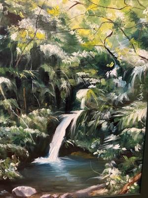 Original Framed Painting on Canvas of Waterfall Scene by Julia