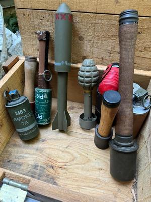 Vintage Wooden Ammo Crate and Inert Explosive Casings #167