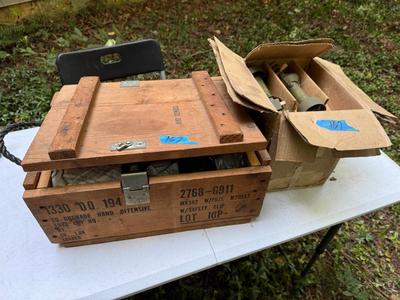 Vintage Wooden Ammo Crate and Inert Explosive Casings #167