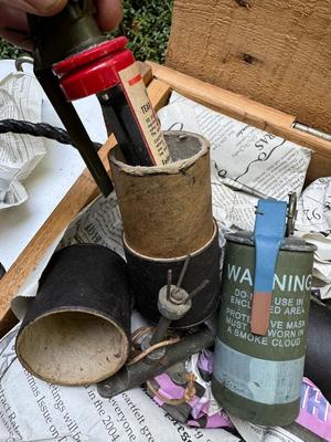 Vintage Wooden Ammo Crate and Inert Explosive Casings #167