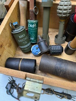 Vintage Wooden Ammo Crate and Inert Explosive Casings #167