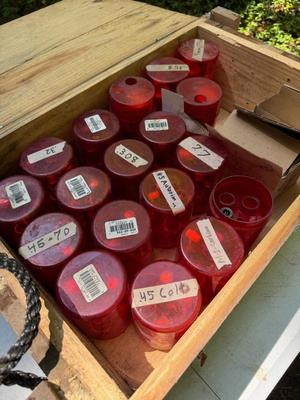 Wooden Ammo Crate with Assorted Powder Funnels for Reloader