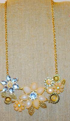 Large Swag Necklace (5" x 2½") with Flesh Colored Main Stones on a Gold Tone Necklace Chain 15" L