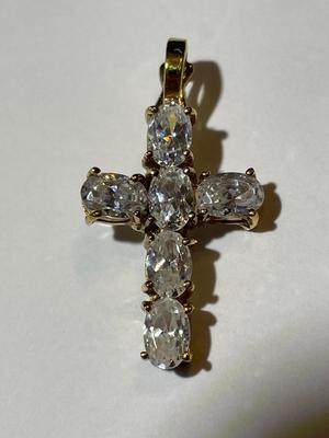 Vintage Gold-tone over Sterling Silver CZ Cross in Good Preowned Condition.