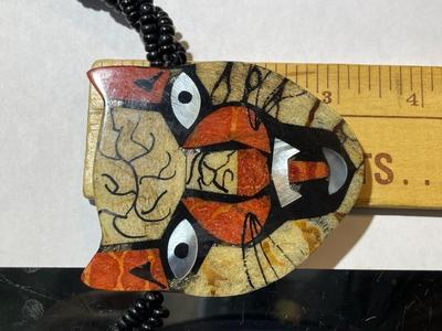 Vintage Beaded Lacquered Hand Painted 24.5" Cat Necklace in Good Preowned Condition.