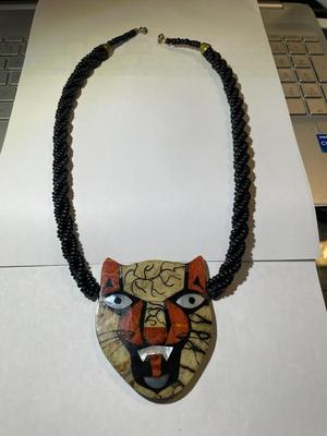 Vintage Beaded Lacquered Hand Painted 24.5" Cat Necklace in Good Preowned Condition.