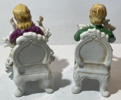 Pair of Vintage Bone China Lace Young Woman & Man on Chair Figurines 4" Tall in VG Preowned Condition.