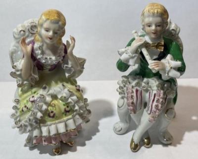 Pair of Vintage Bone China Lace Young Woman & Man on Chair Figurines 4" Tall in VG Preowned Condition.