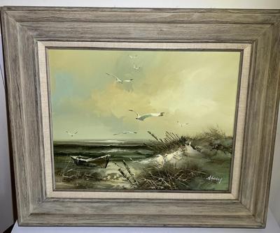 H. GAILEY (Noted Artist) Oil/Acrylic on Canvas Seascape Scene Frame Size 23.5" x 27.5" in Good Preowned Condition.