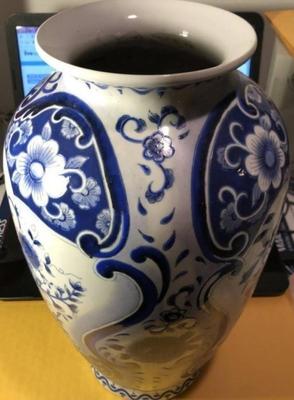 Vintage Asian Style Blue & White Vase Ex-Lamp Drilled 14" Tall Preowned from an Estate in Good Condition. (Heavy).