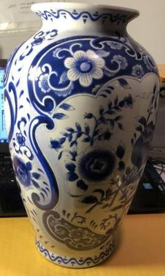 Vintage Asian Style Blue & White Vase Ex-Lamp Drilled 14" Tall Preowned from an Estate in Good Condition. (Heavy).