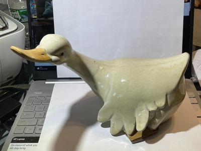 Vintage Celedon Glaze Ceramic Duck 10" Wide in Good Preowned Condition as Pic'd.