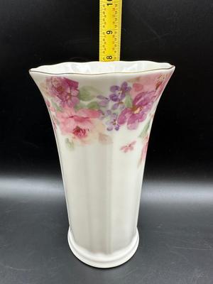Vintage SIGNED Otagiri Vase Pink Floral Mist Japan Gold Rim Tall Vase