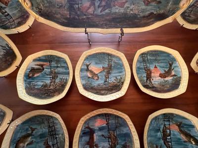 Antique Limoges Hand Painted Fish Platter w/Diver 24-1/2" Long & 12 Plates 9" in Diameter in Great Condition.