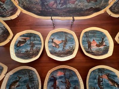 Antique Limoges Hand Painted Fish Platter w/Diver 24-1/2" Long & 12 Plates 9" in Diameter in Great Condition.