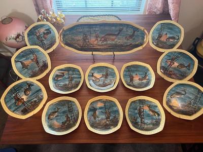 Antique Limoges Hand Painted Fish Platter w/Diver 24-1/2" Long & 12 Plates 9" in Diameter in Great Condition.