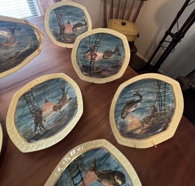 Antique Limoges Hand Painted Fish Platter w/Diver 24-1/2" Long & 12 Plates 9" in Diameter in Great Condition.