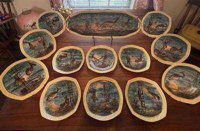 Antique Limoges Hand Painted Fish Platter w/Diver 24-1/2" Long & 12 Plates 9" in Diameter in Great Condition.