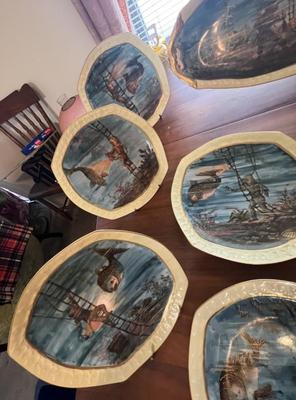 Antique Limoges Hand Painted Fish Platter w/Diver 24-1/2" Long & 12 Plates 9" in Diameter in Great Condition.