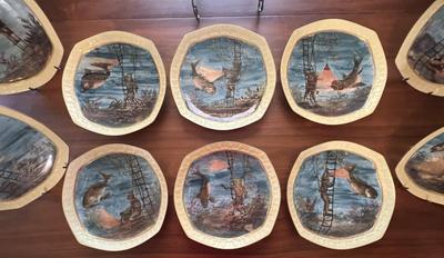 Antique Limoges Hand Painted Fish Platter w/Diver 24-1/2" Long & 12 Plates 9" in Diameter in Great Condition.