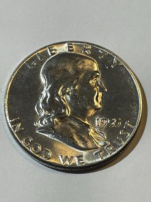 1955 UNCIRCULATED CONDITION CLEANED "BUGS BUNNY" VARIETY FRANKLIN SILVER HALF DOLLARS AS PICTURED.